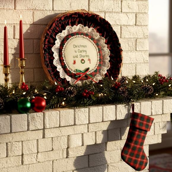 Vintage 1987 Christmas Needlepoint Wall Basket Christmas is Caring and Sharing - Picture 2 of 9